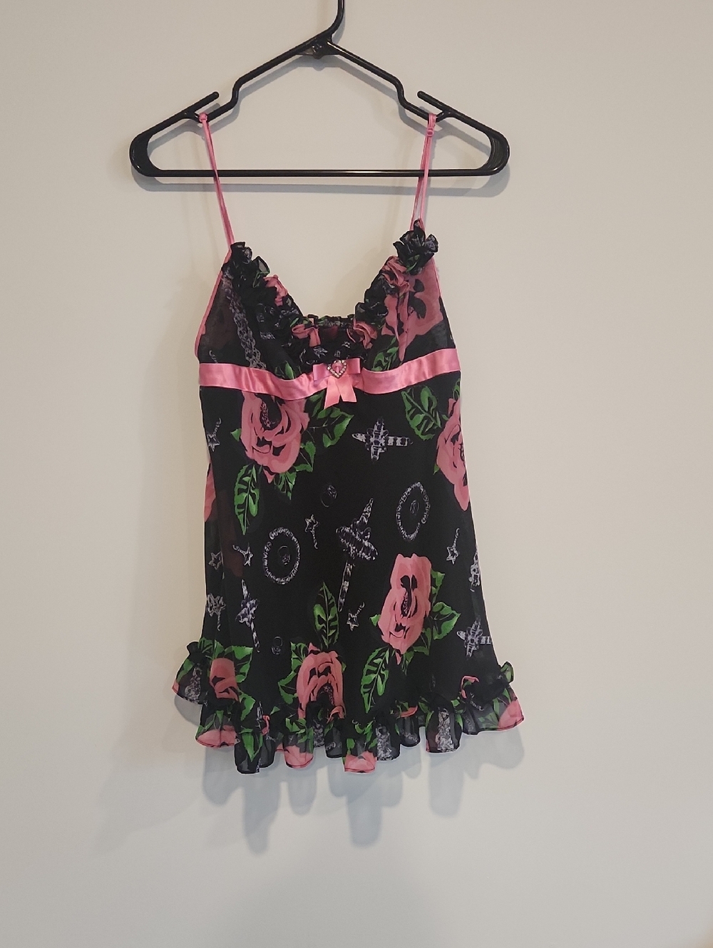 Betsey Johnson Black Pink Floral Satin Slip Dress